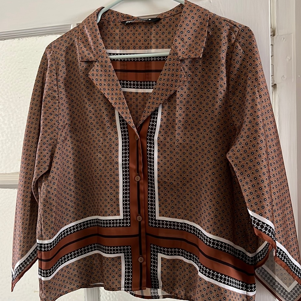 Zara satin effect brown black shirt. Size M. Worn once